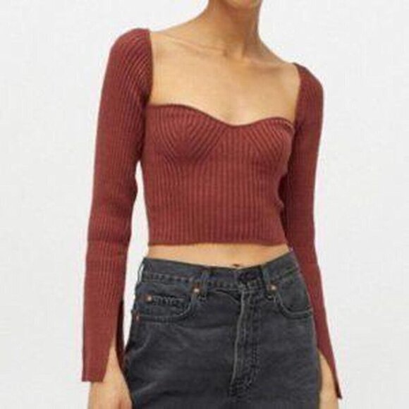 Urban Outfitters Uo Juliet Portrait Ribbed Sweetheart Cropped Sweater In Maroon - Picture 3 of 7